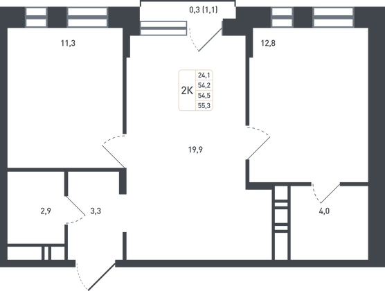 54,5 м², 2-комн. квартира, 2/8 этаж