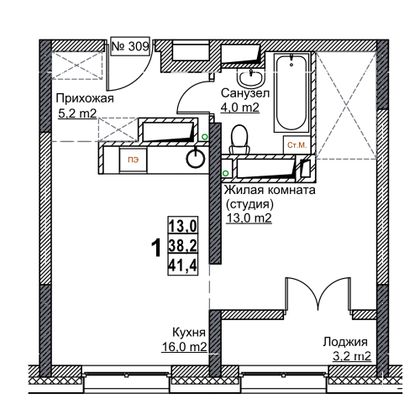 Продажа квартиры-студии 41,4 м², 23/24 этаж