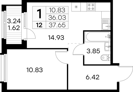 37,7 м², 1-комн. квартира, 2/15 этаж