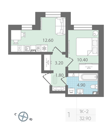 Продажа 1-комнатной квартиры 32,9 м², 1/25 этаж