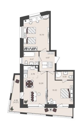 Продажа 3-комнатной квартиры 73,6 м², 14/22 этаж
