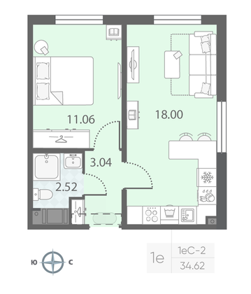 Продажа 1-комнатной квартиры 34,6 м², 3/23 этаж
