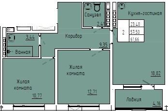 59,6 м², 2-комн. квартира, 3/4 этаж