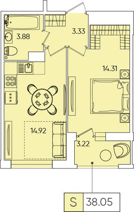 37,6 м², 1-комн. квартира, 3/13 этаж