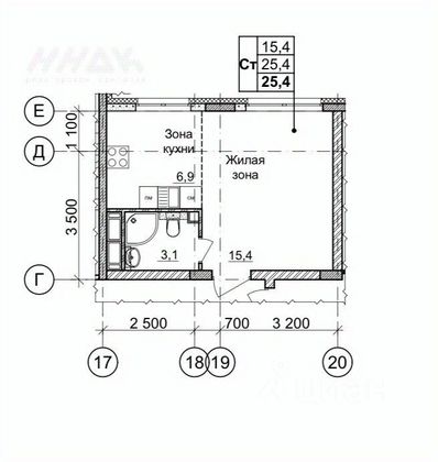 Продажа квартиры-студии 25,4 м², 3/11 этаж