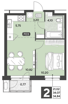 Продажа 2-комнатной квартиры 34,8 м², 11/25 этаж