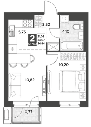 Продажа 2-комнатной квартиры 34,8 м², 11/25 этаж