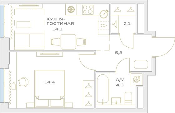 Продажа 1-комнатной квартиры 40,2 м², 14/23 этаж