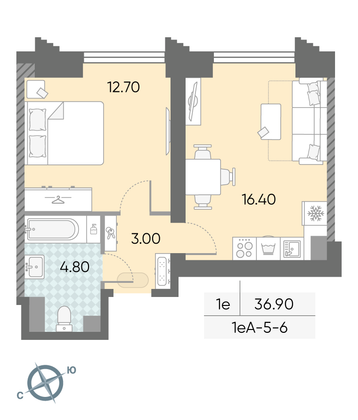 Продажа 1-комнатной квартиры 36,9 м², 6/58 этаж