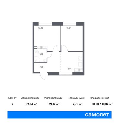 39 м², 2-комн. квартира, 13/21 этаж