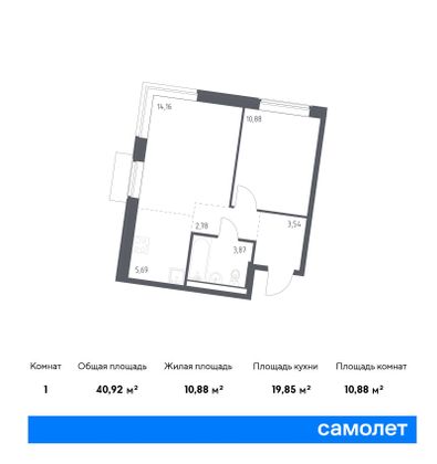 40,9 м², 1-комн. квартира, 2/14 этаж