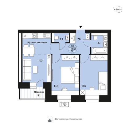 61,1 м², 2-комн. квартира, 2/12 этаж