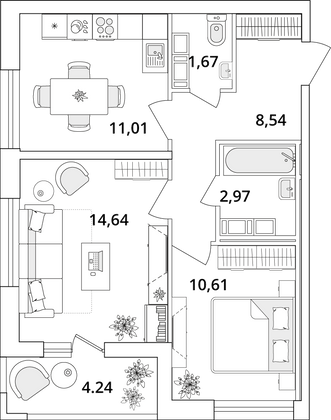 51,6 м², 2-комн. квартира, 17/18 этаж