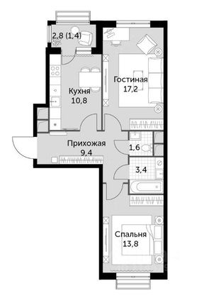 Продажа 2-комнатной квартиры 57,6 м², 4/16 этаж