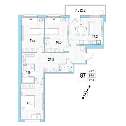 Продажа 3-комнатной квартиры 97,3 м², 2/4 этаж