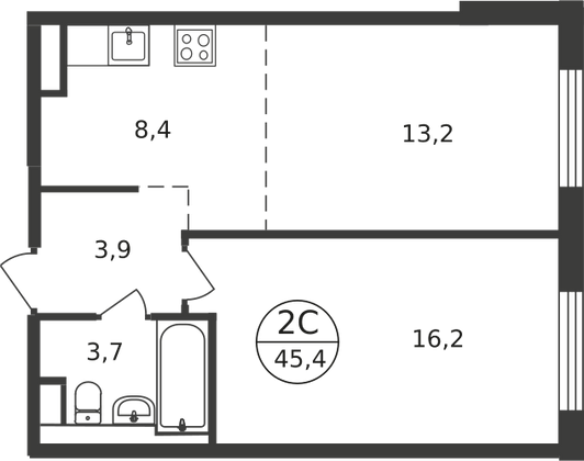 45,4 м², 2-комн. квартира, 3/9 этаж