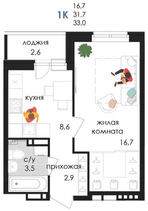 33 м², 1-комн. квартира, 8/9 этаж