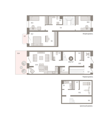 155,7 м², 3-комн. квартира, 2/9 этаж