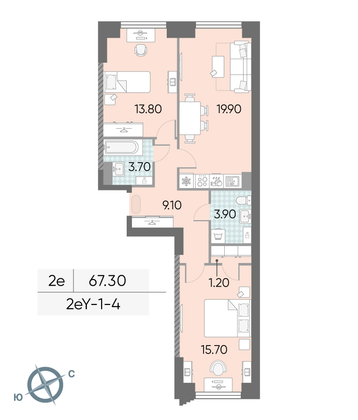 67,3 м², 2-комн. квартира, 4/58 этаж