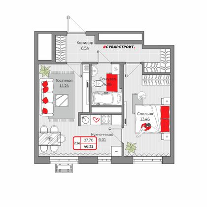 46,3 м², 2-комн. квартира, 19/19 этаж