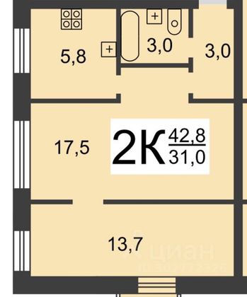 Продажа 2-комнатной квартиры 43,4 м², 4/5 этаж