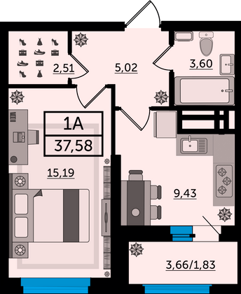 37,6 м², 1-комн. квартира, 12/24 этаж