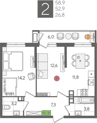 Продажа 2-комнатной квартиры 58,9 м², 6/24 этаж