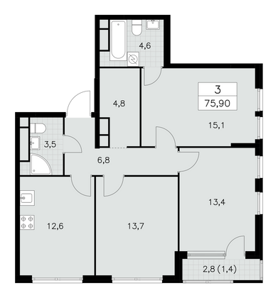 75,9 м², своб. планировка, 24/30 этаж