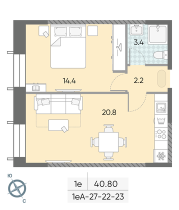 Продажа 1-комнатной квартиры 40,8 м², 23/28 этаж