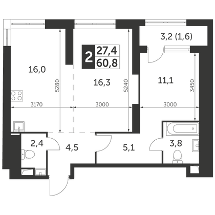 60,8 м², 2-комн. квартира, 4/47 этаж