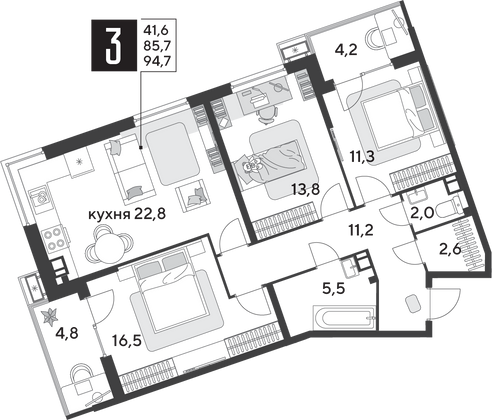 Продажа 3-комнатной квартиры 94,7 м², 9/18 этаж