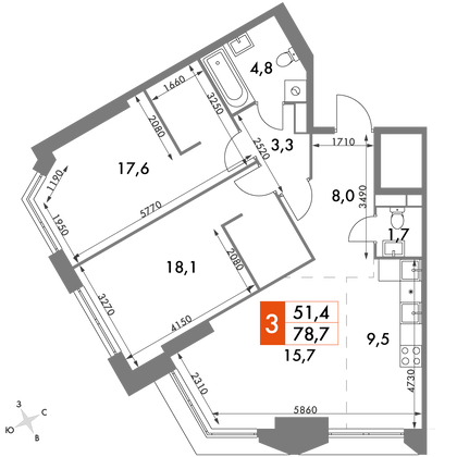 78,7 м², 3-комн. квартира, 43/47 этаж