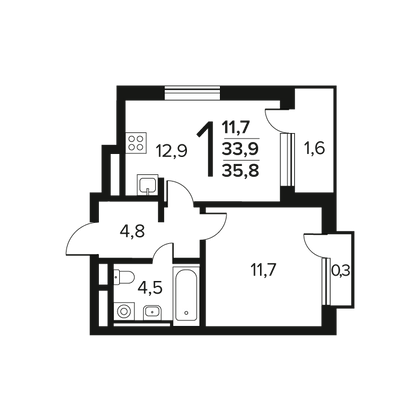 35,8 м², 1-комн. квартира, 6/9 этаж