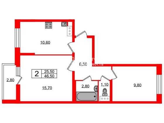 Продажа 2-комнатной квартиры 46,5 м², 3/9 этаж