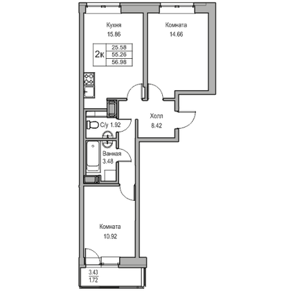 Продажа 2-комнатной квартиры 55,3 м², 4/23 этаж