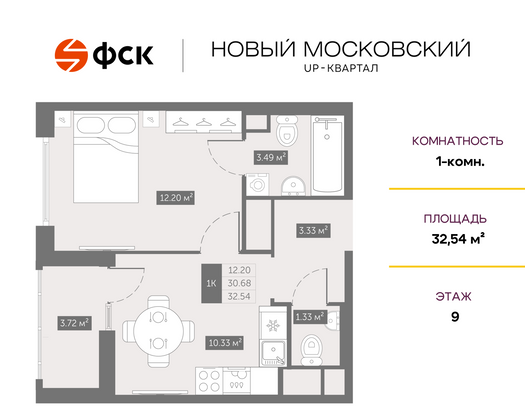 32,5 м², 1-комн. квартира, 9/10 этаж