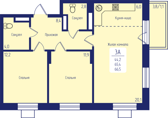 66,5 м², 3-комн. квартира, 11/24 этаж