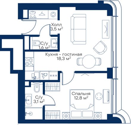 Продажа 1-комнатной квартиры 39,3 м², 24/53 этаж