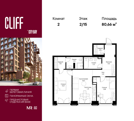 80,7 м², 2-комн. квартира, 2/15 этаж