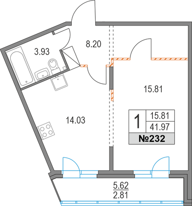 42 м², 1-комн. квартира, 7/19 этаж