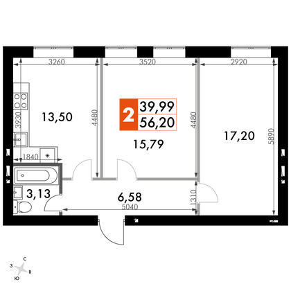 56,2 м², 2-комн. квартира, 1/4 этаж