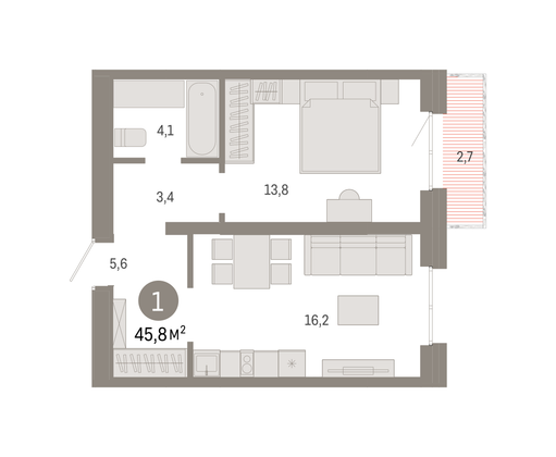 Продажа 1-комнатной квартиры 45,7 м², 3/7 этаж