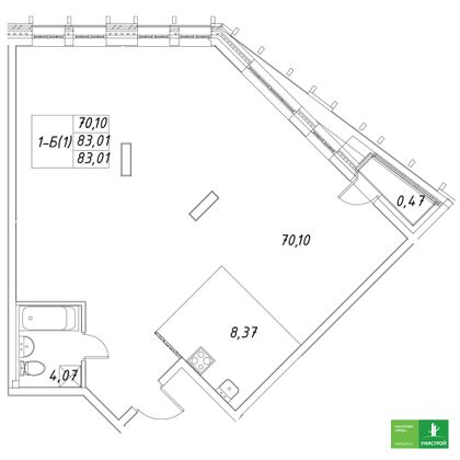 83 м², 1-комн. квартира, 6/8 этаж