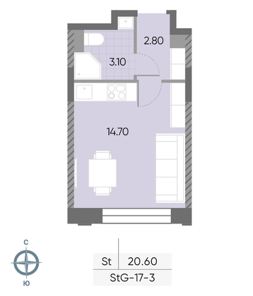 20,6 м², студия, 3/30 этаж