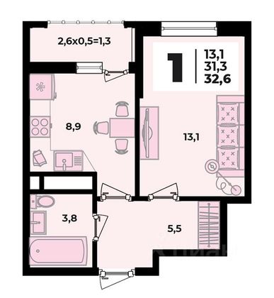 Продажа 1-комнатной квартиры 32,6 м², 6/8 этаж