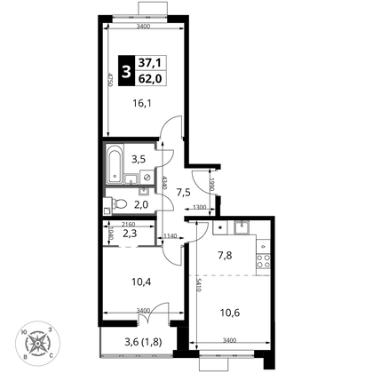 62 м², 3-комн. квартира, 2/16 этаж