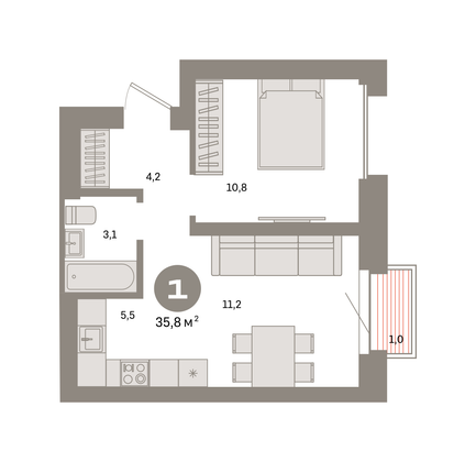 35,8 м², 1-комн. квартира, 16/31 этаж