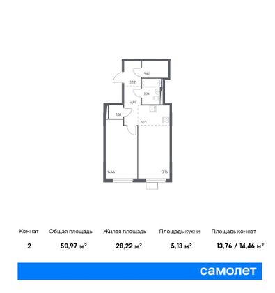 51 м², 2-комн. квартира, 14/14 этаж