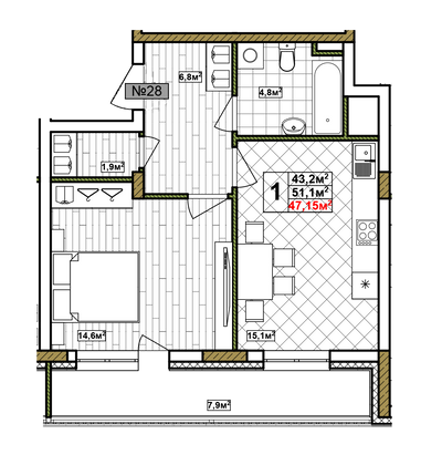 Продажа 1-комнатной квартиры 47,2 м², 5/17 этаж