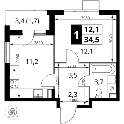 34,5 м², 1-комн. квартира, 3/17 этаж